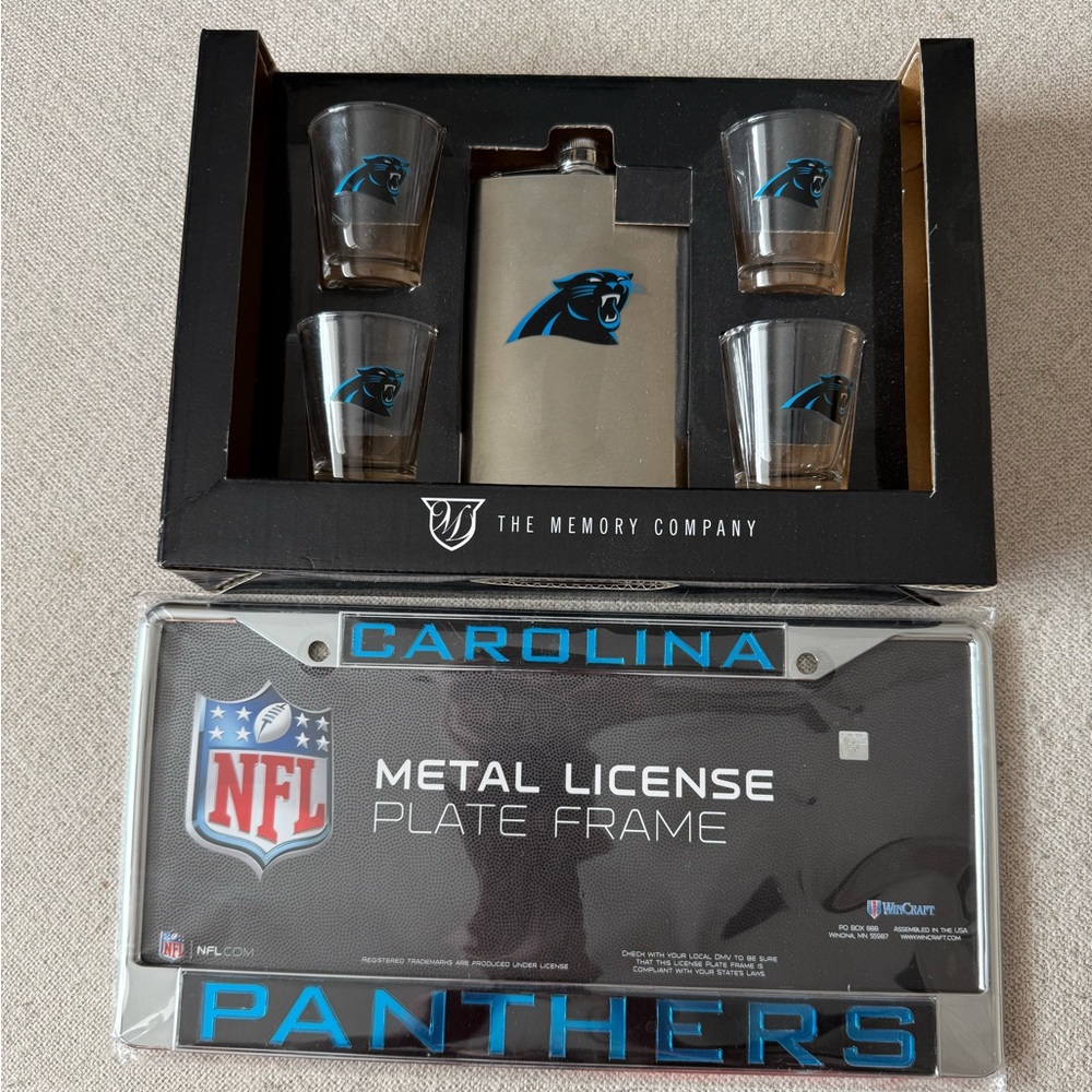 NEW Carolina Panthers Flask and Shot Glass Set and License Plate Cover Bundle